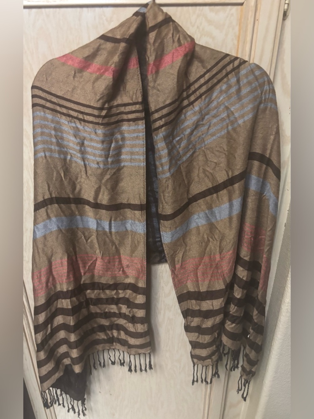 Women’s 100% Pashmina Shawl Wrap Scarf Brown‎ Blue Pink Striped Tassel Sz 72x26”